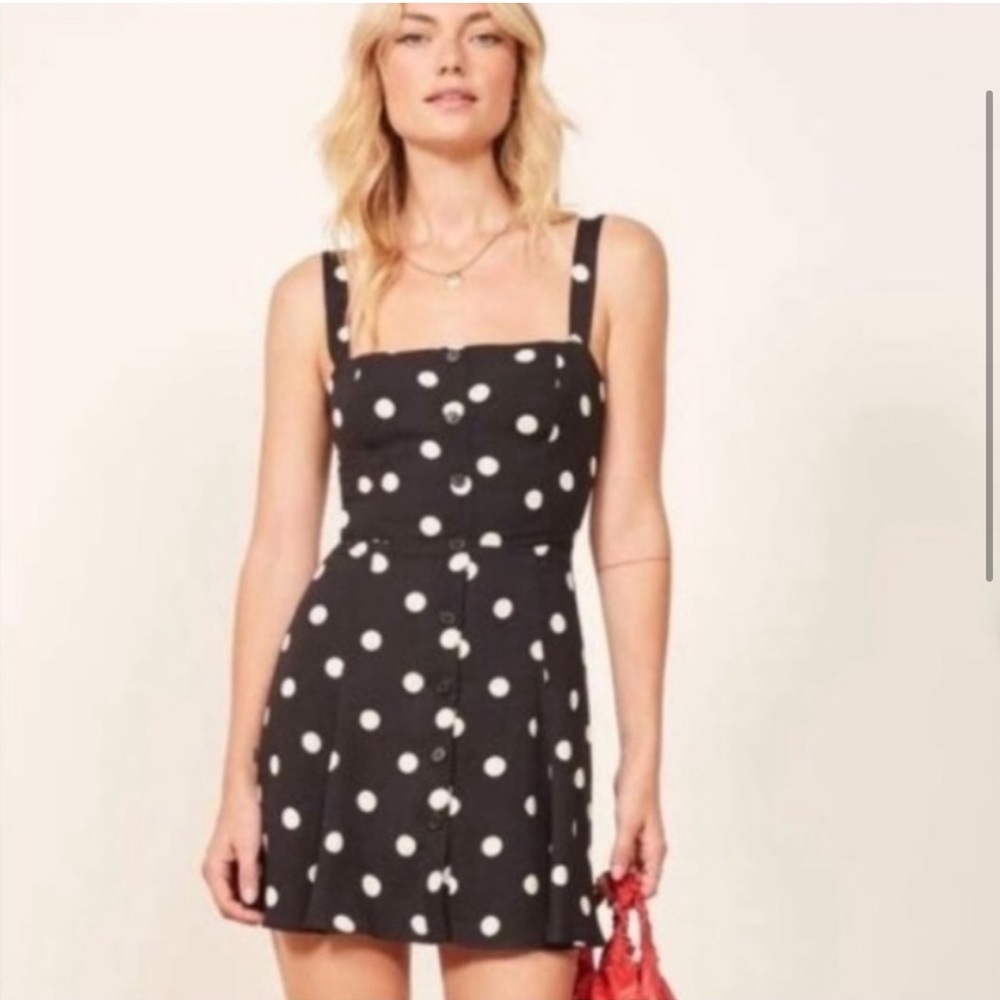 Reformation Jessa Black White Polka Dot Button Front Dress
